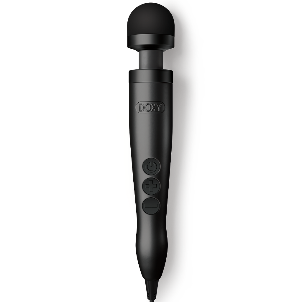 A black Doxy wand massager with a silicone head and three control buttons.