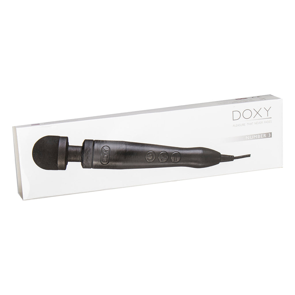 Doxy Die Cast 3 compact wand massager with silicone head in matte black.