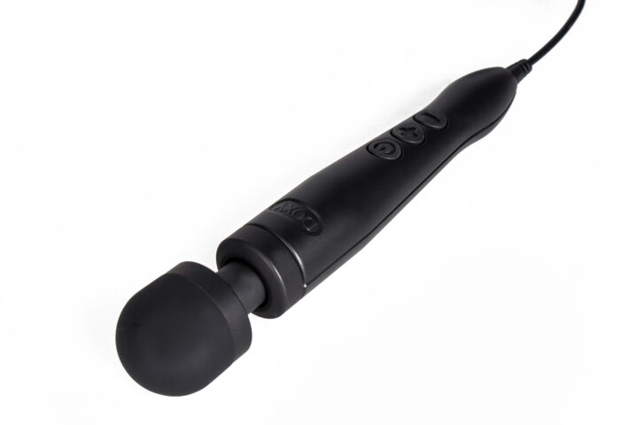 A black Doxy wand massager with a silicone head and three control buttons.