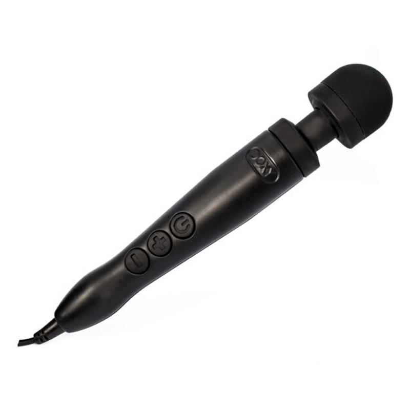 Black Doxy wand massager with silicone head and control buttons.