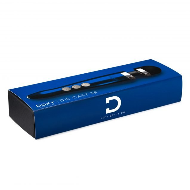 Blue Doxy Die Cast 3R rechargeable wand massager on a blue box.