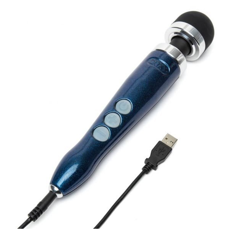 Blue rechargeable wand massager with three buttons and a USB cable.