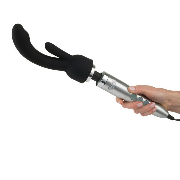 A black rabbit attachment for a Doxy wand massager held by a hand.