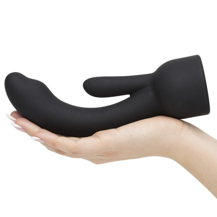 Black silicone rabbit attachment for a wand massager.