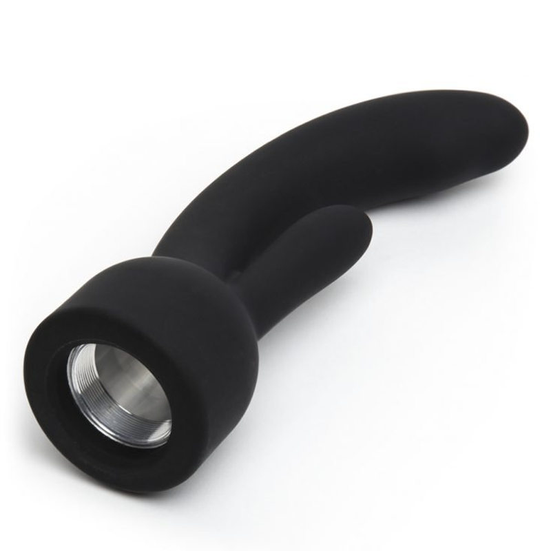 Black rabbit attachment with a threaded opening for a wand massager.
