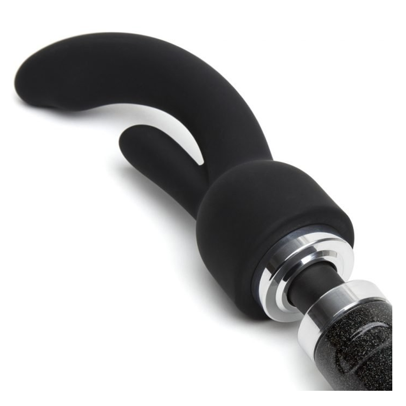 Black rabbit attachment for a wand massager with dual stimulation.