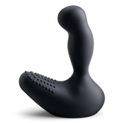 Black silicone prostate massager with textured surface.