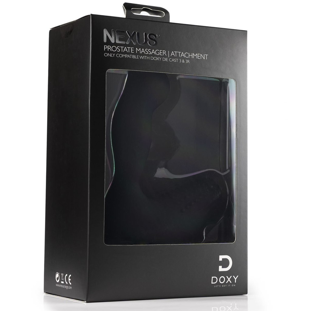 Black box packaging for a Doxy prostate massager attachment.