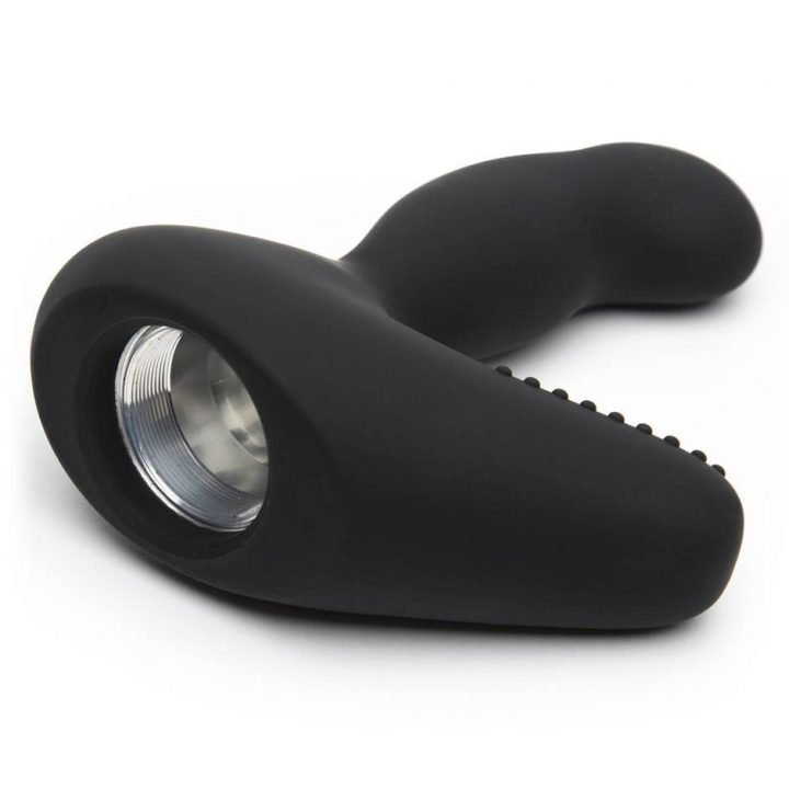 Black silicone prostate massager attachment with textured bumps.