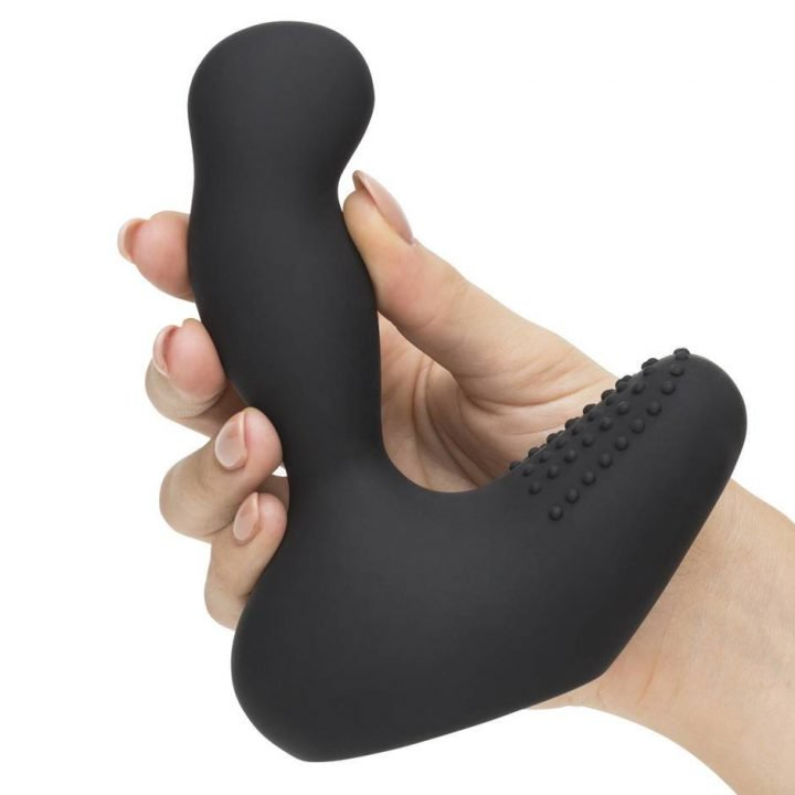 Black silicone prostate massager attachment with textured tip.