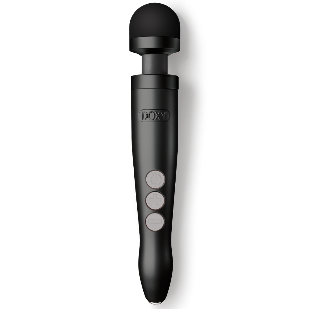A black Doxy wand massager with a rounded head and three control buttons.