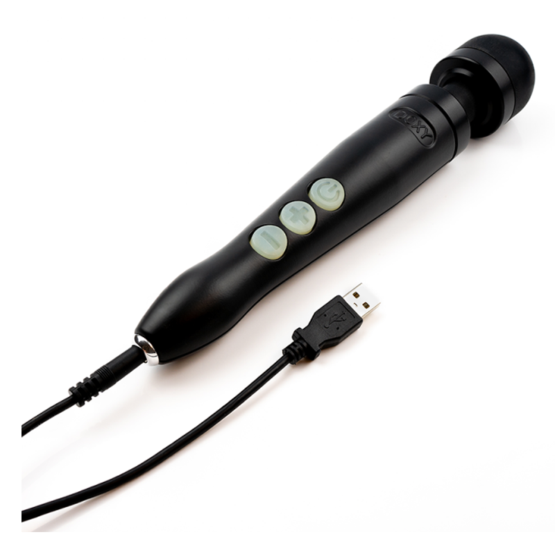 Rechargeable matte black wand massager with USB cable and three control buttons.