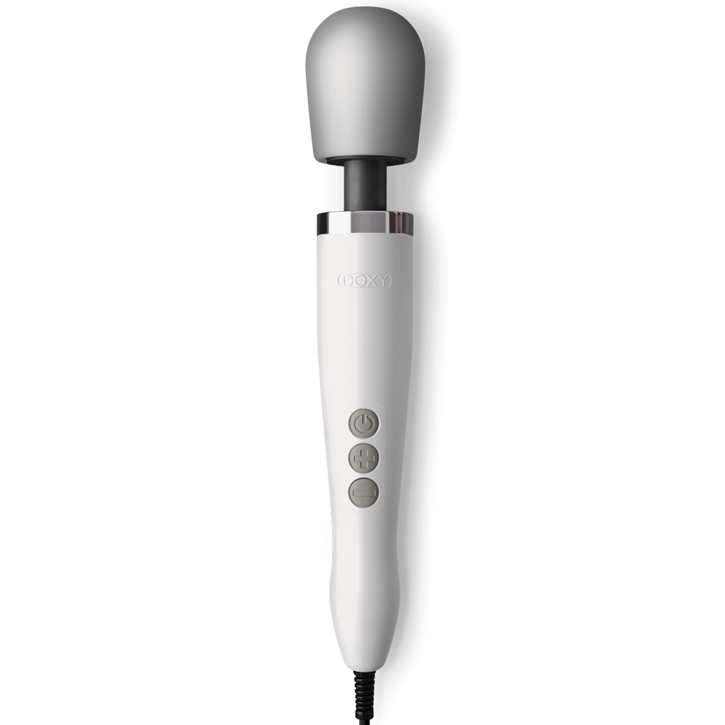White Doxy wand massager with a silver head and three control buttons.