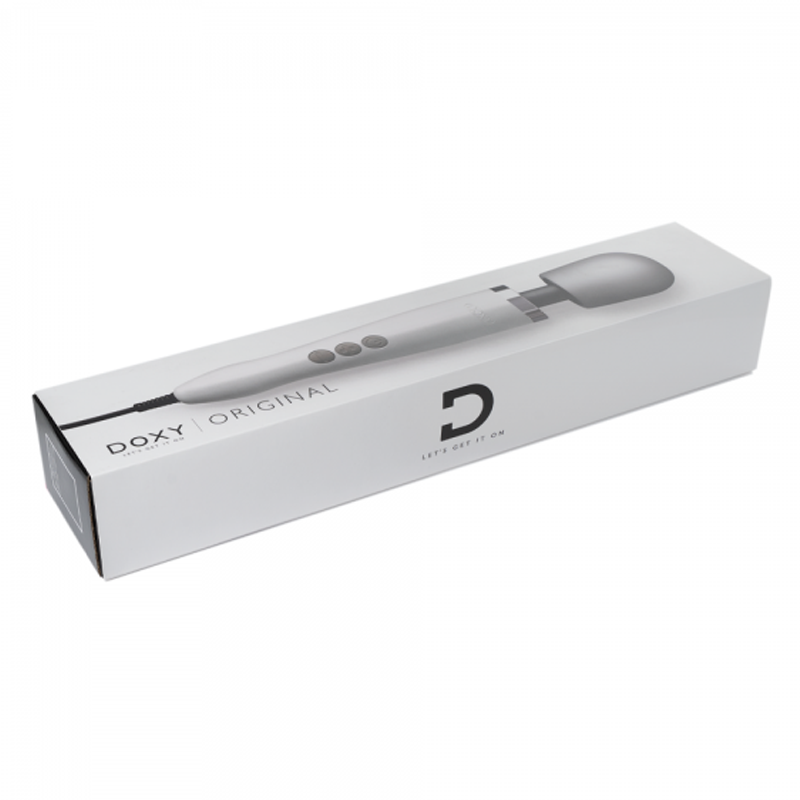 White Doxy Original wand massager in its box with a silicone head.