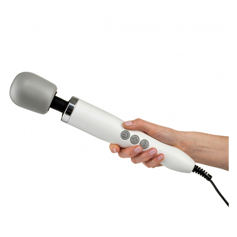 White wand massager with a grey silicone head held by a hand.