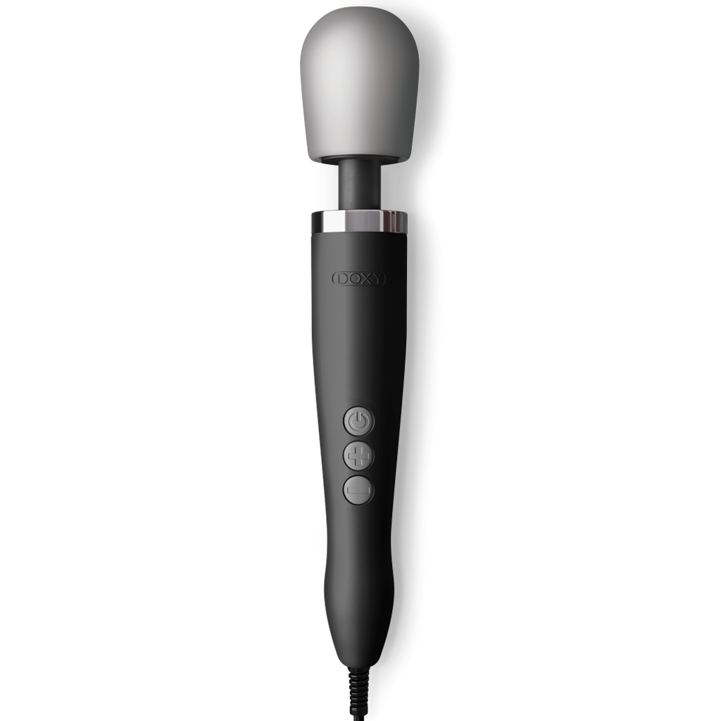 Black Doxy wand massager with a silver silicone head and control buttons.