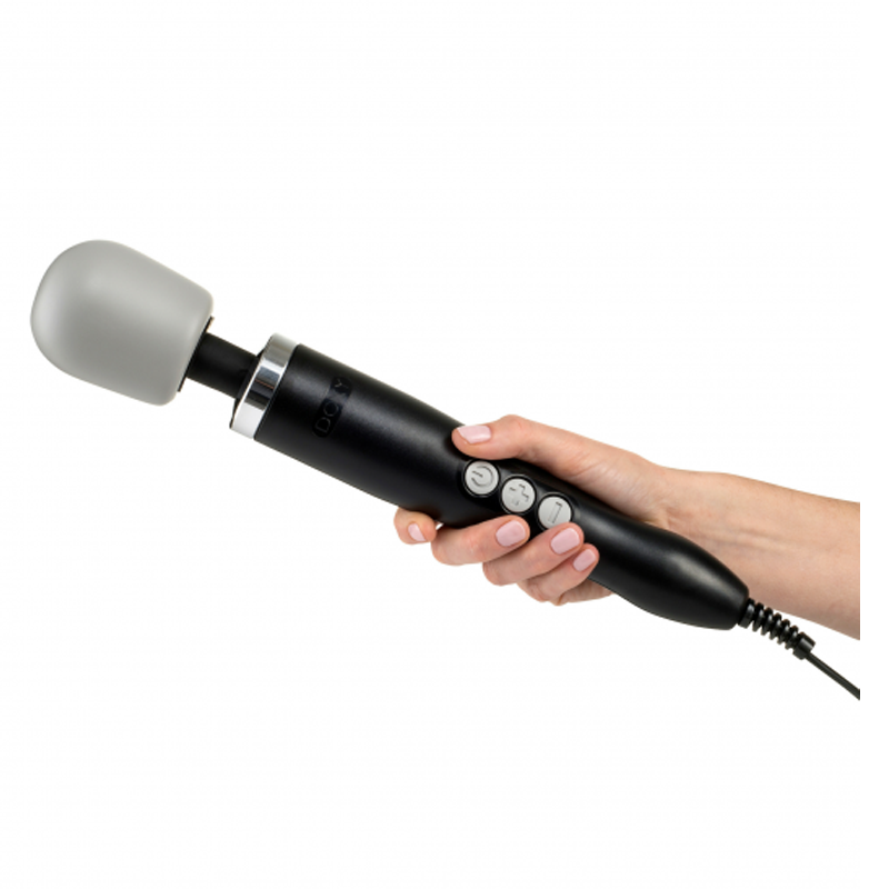 Black Doxy Original wand massager with a grey silicone head.