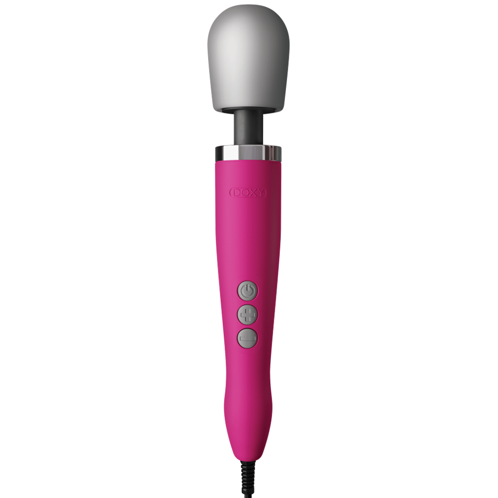 Pink Doxy wand massager with a silver head and grey buttons.