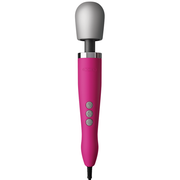 Pink Doxy wand massager with a silver head and grey buttons.