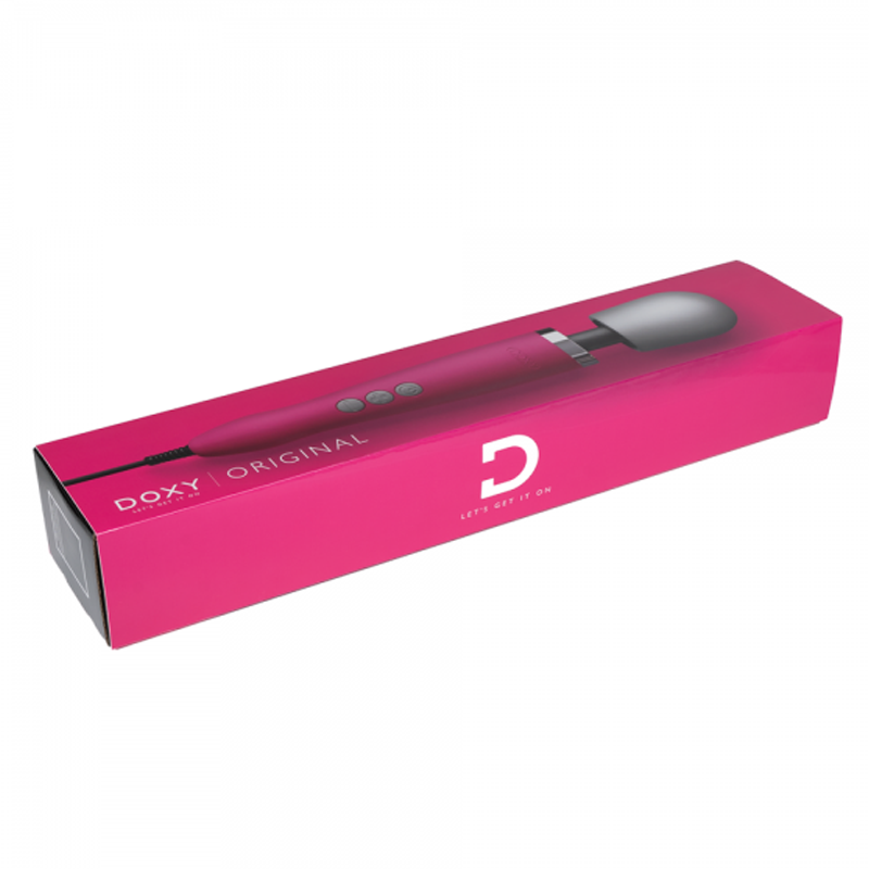 Pink Doxy Original wand massager with silicone head in a pink box.