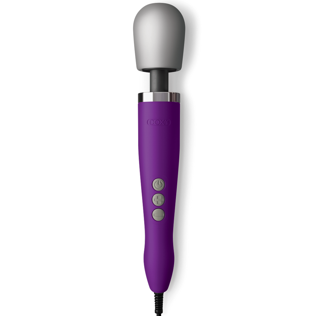 Purple Doxy wand massager with a silver head and grey buttons.
