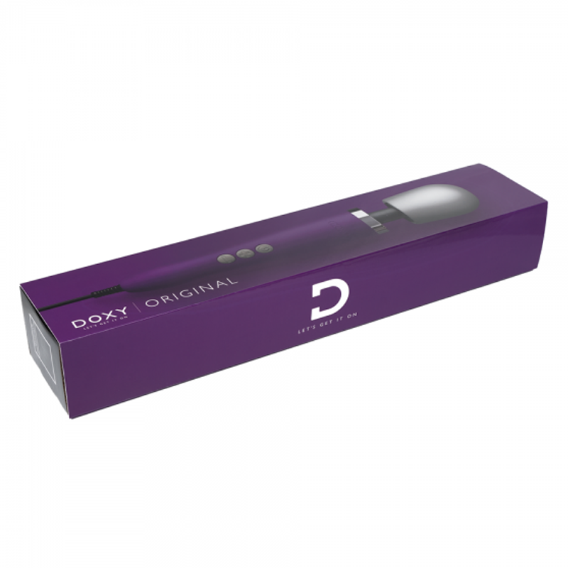 A purple Doxy Original wand massager in its box.