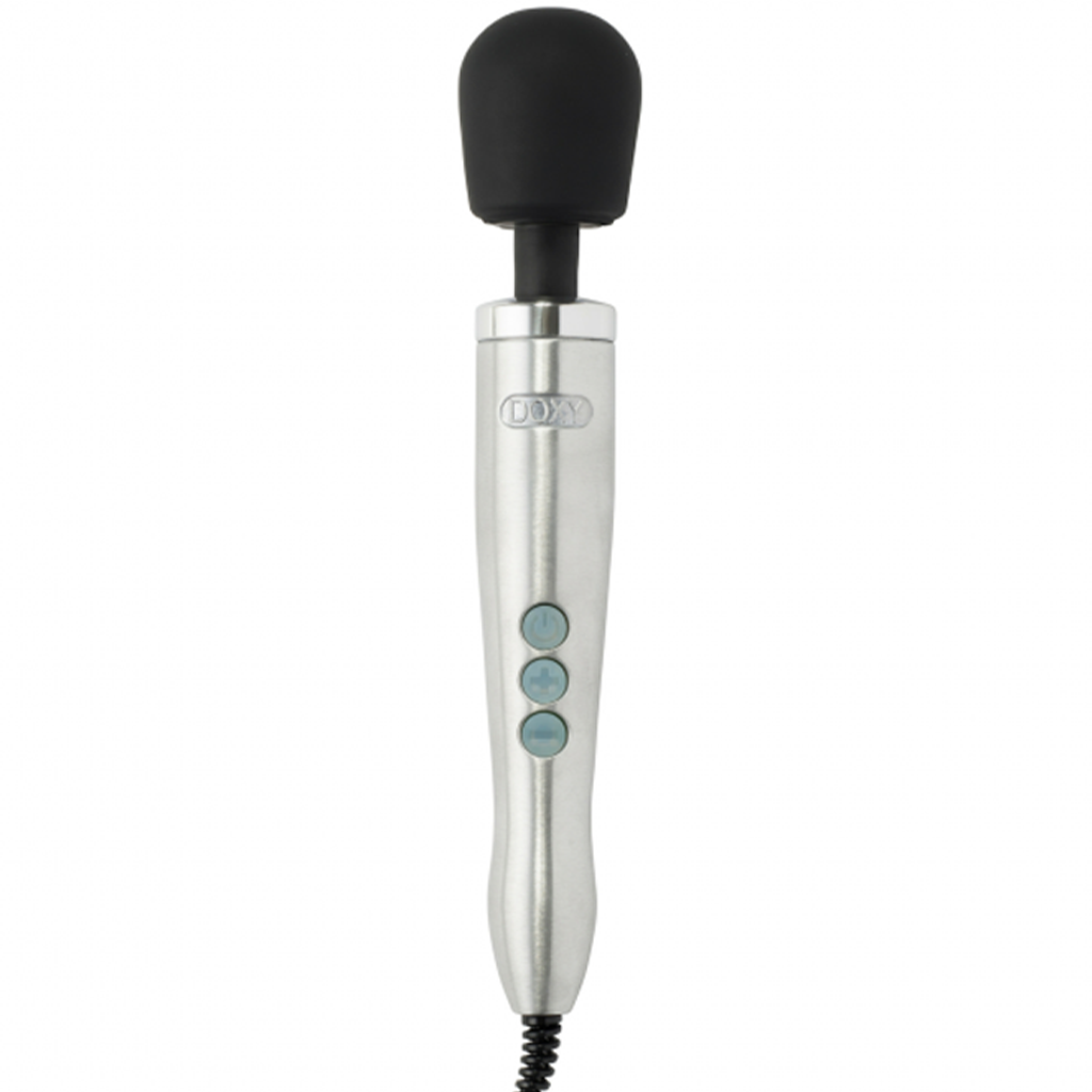 Doxy Die Cast wand massager in brushed metal with black head.