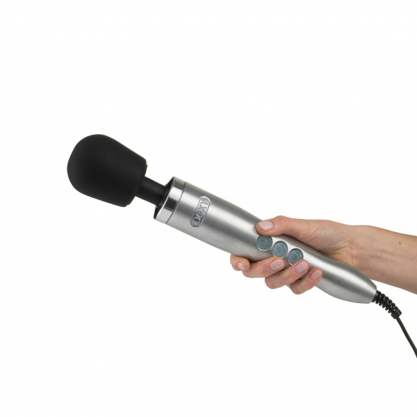 A silver Doxy wand massager with a black head is held by a hand.
