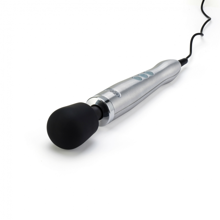 A brushed metal wand massager with a black head and a power cord.