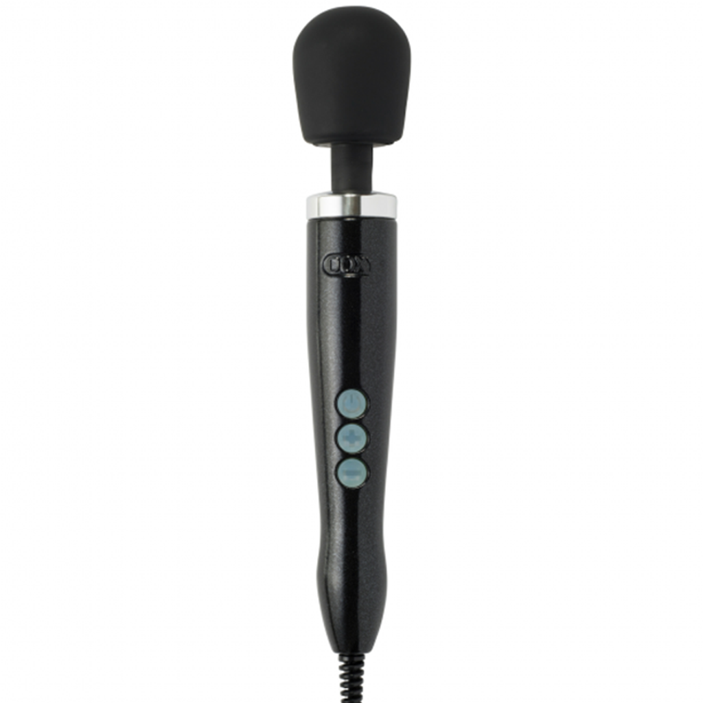 Black Doxy Die Cast wand massager with a weighted motor and three control buttons.