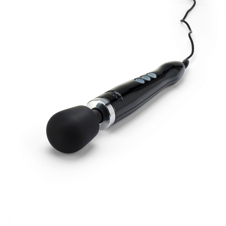 Black wand massager with a weighted motor and a black rubber head.