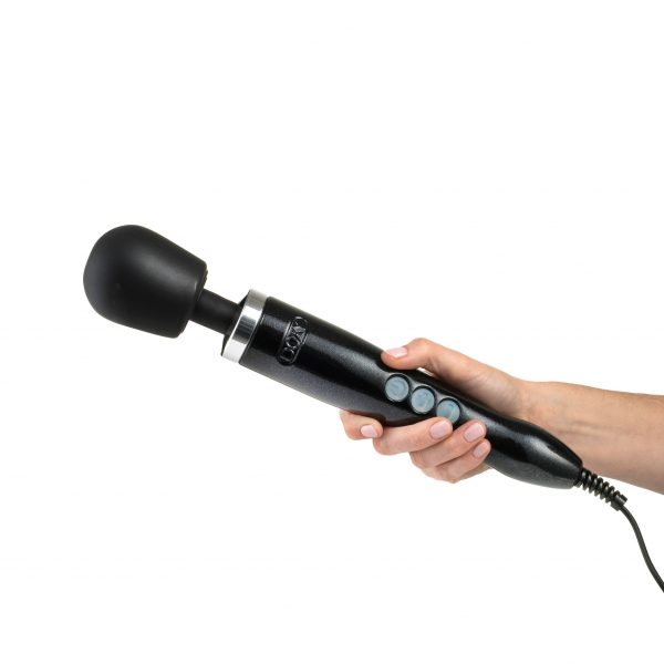 Black Doxy Die Cast wand massager held by a hand.