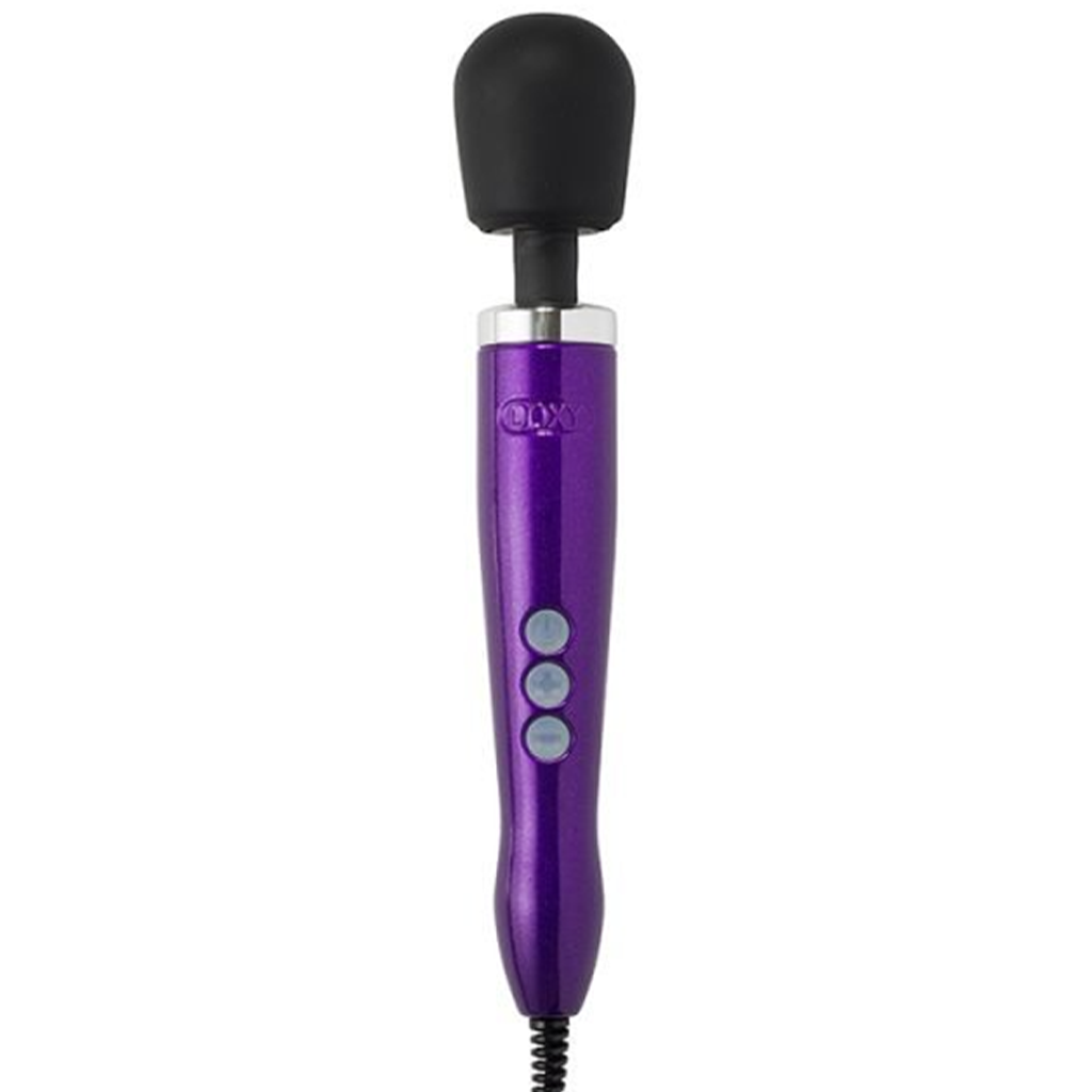 Purple Doxy wand massager with a black head and three control buttons.