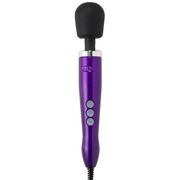 Purple Doxy wand massager with a black head and three control buttons.