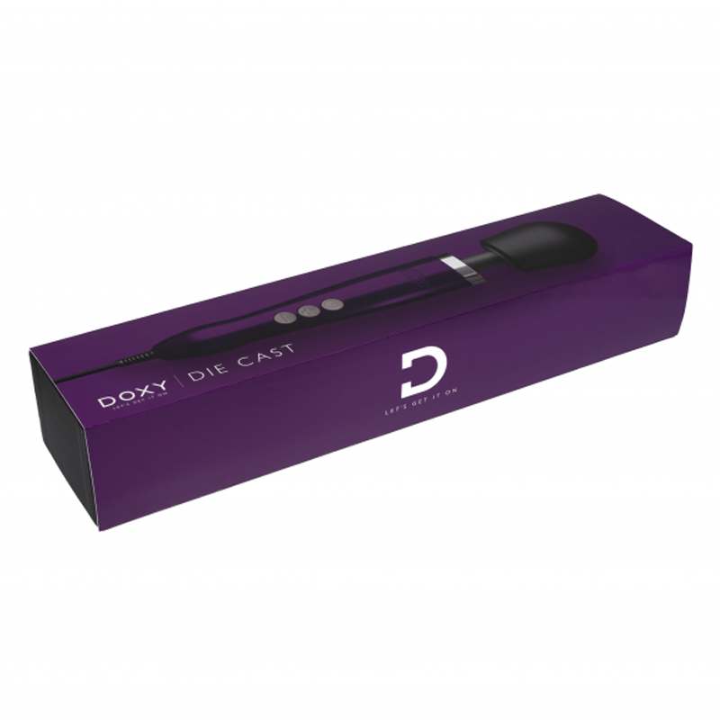 A purple Doxy Die Cast wand massager is shown on its box.