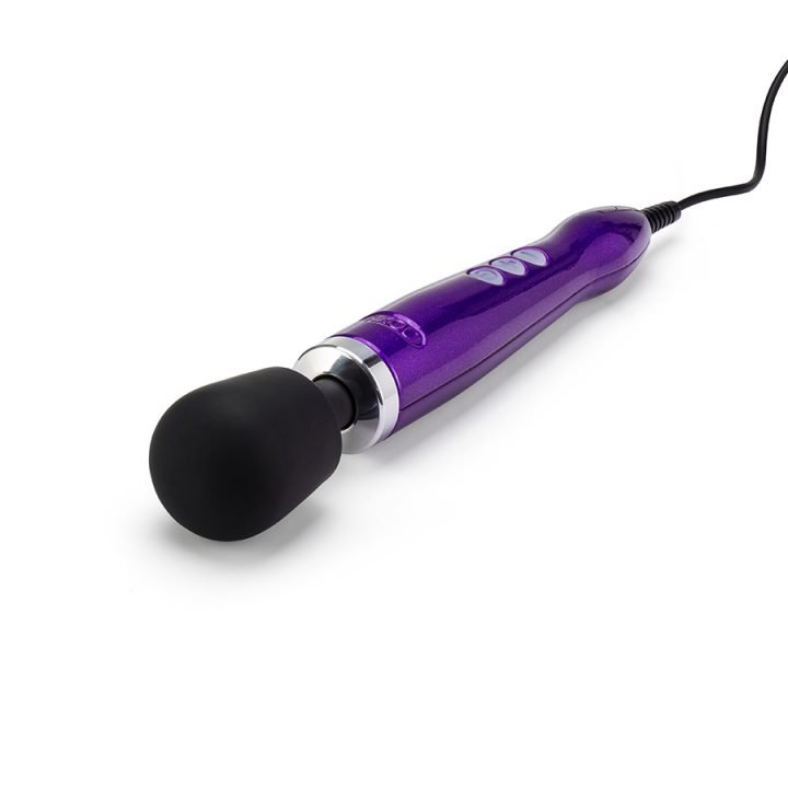 Purple wand massager with a black head and a cord.