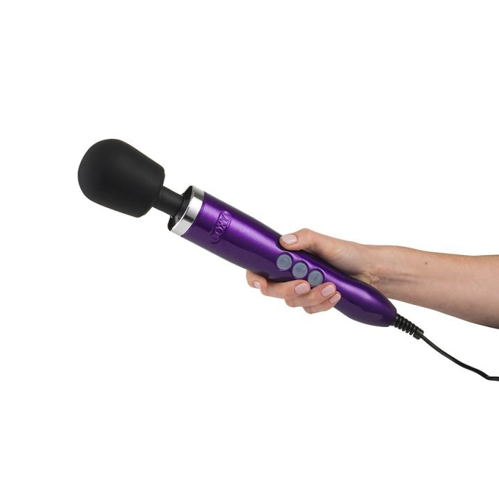 A purple Doxy wand massager with a flexible neck held by a hand.