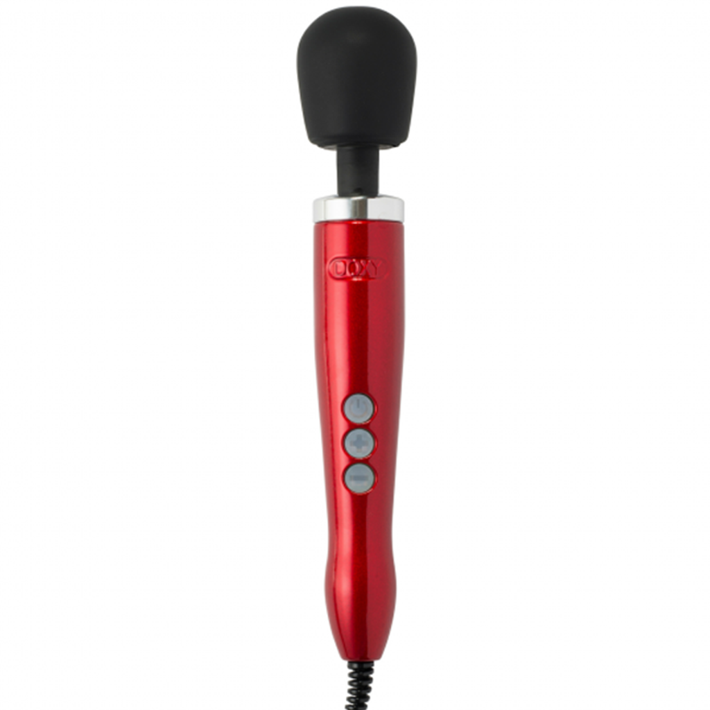 Red Doxy wand massager with black head and three control buttons.