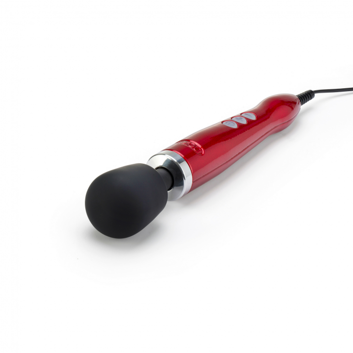 Red wand massager with a black head and silver accents.