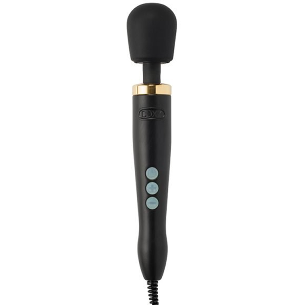 Matte black wand massager with gold accents and three blue buttons.