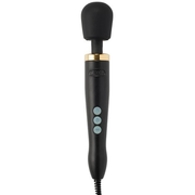Matte black wand massager with gold accents and three blue buttons.