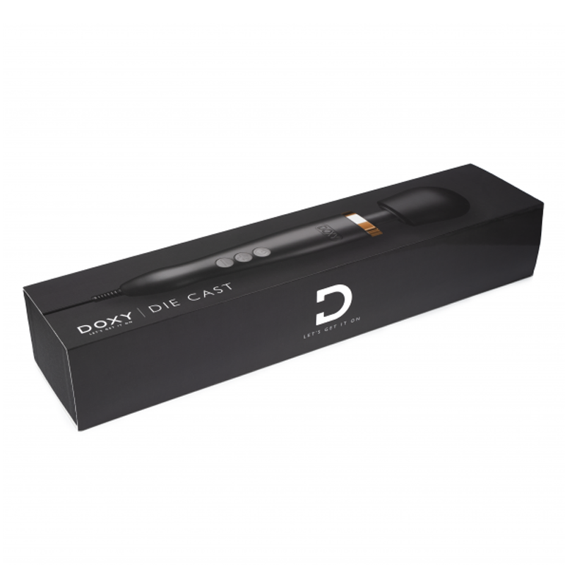 A black and gold Doxy Die Cast wand massager in its packaging.