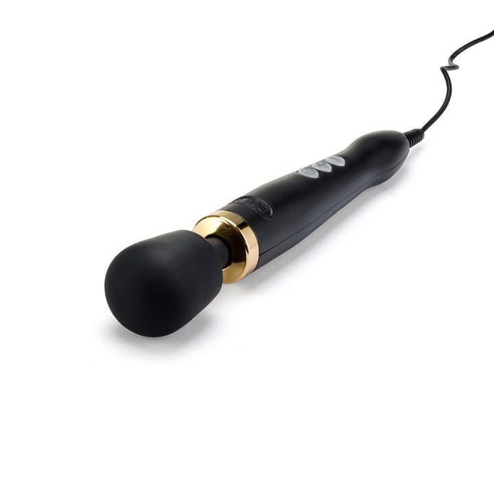 Matte black wand massager with a gold accent and a black cord.