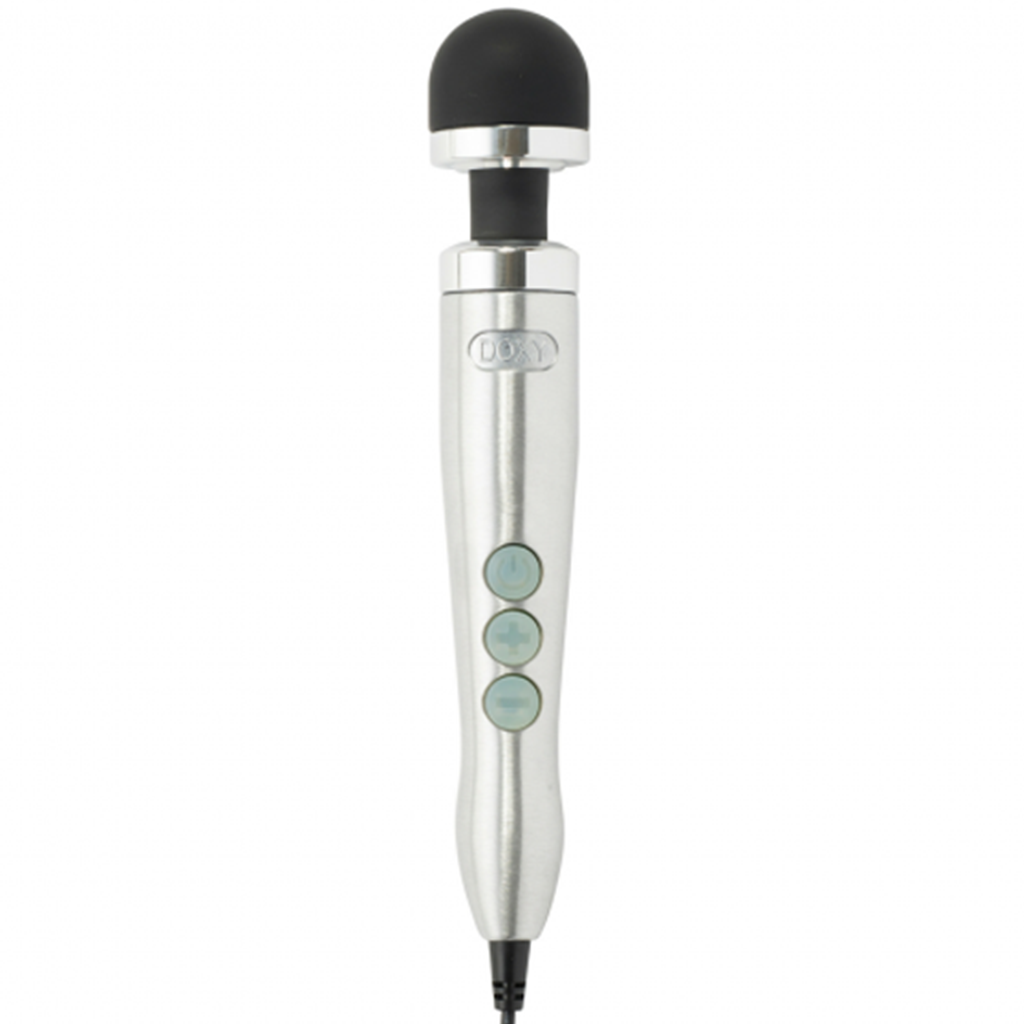 A silver Doxy wand massager with a black head and three blue buttons.