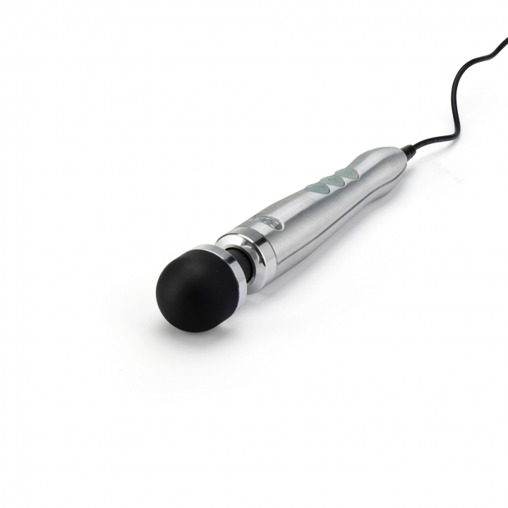 A silver wand massager with a black head and a power cord.