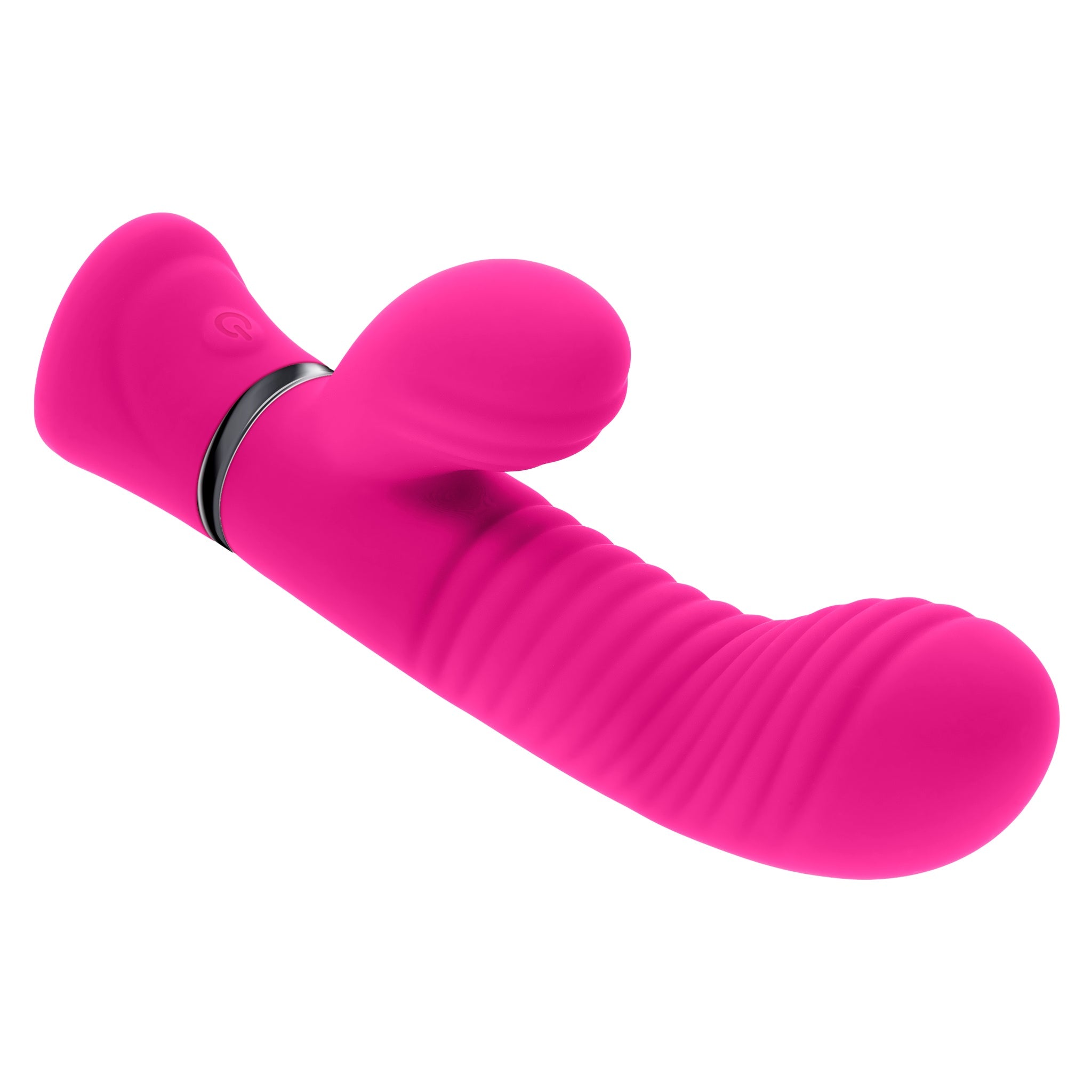 Pink silicone dual-shaft G-spot vibrator with wavy grooves and curved design.