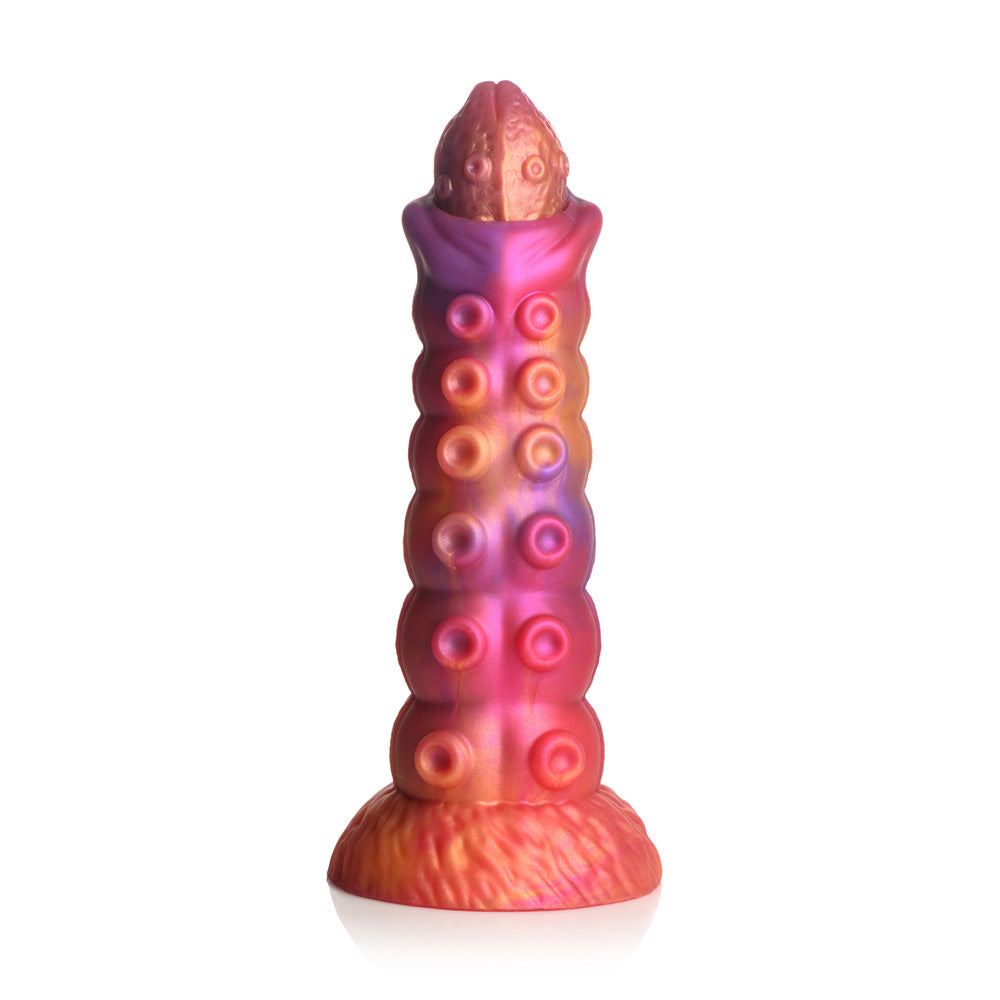 A pink and purple silicone dildo with tentacle-like rings and an alien-like head.