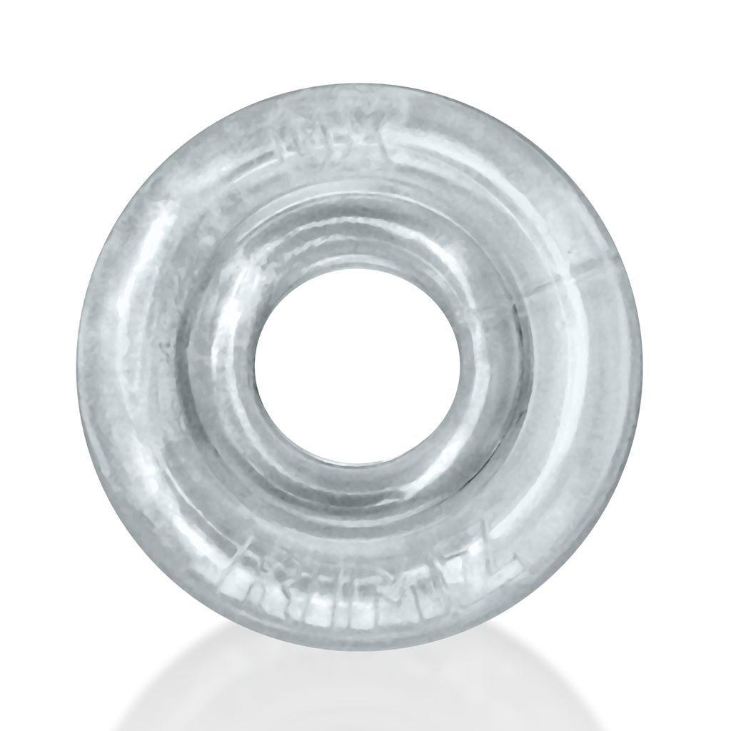 Clear soft rubber cock ring with embossed text.