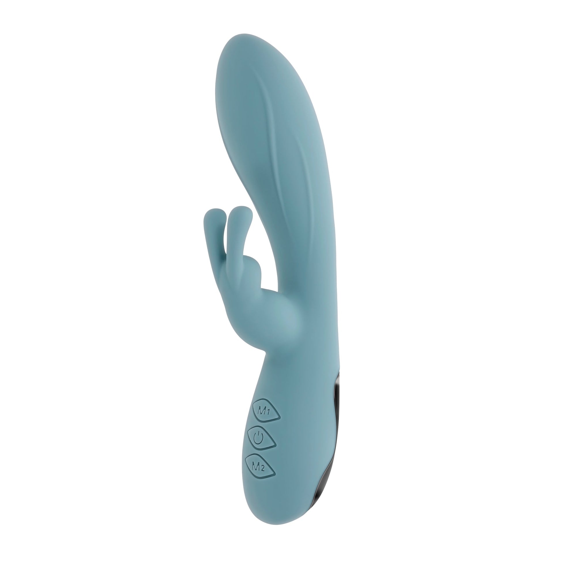 A teal silicone rabbit vibrator with three buttons on the side.