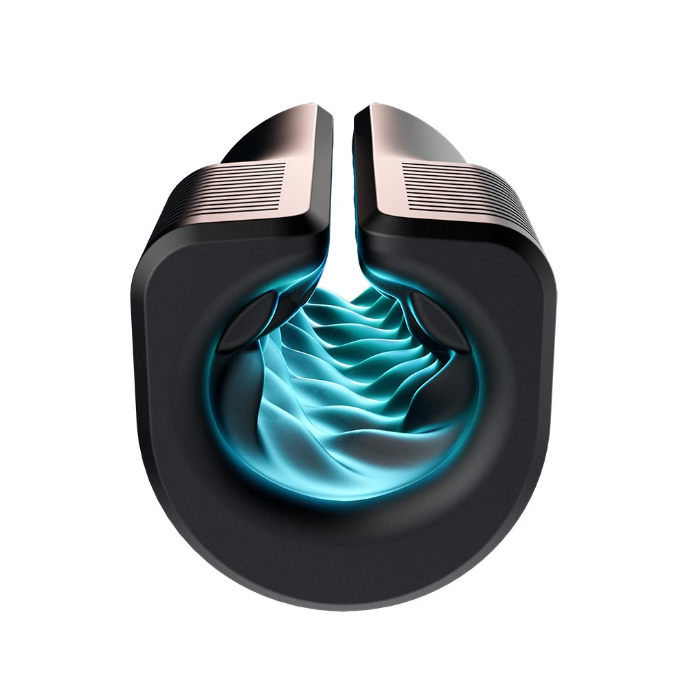 Black vibrating open sleeve masturbator with blue interior.